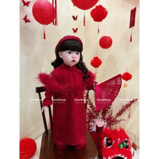 Áo dài đỏ ChoiChuu kèm choàng lông vũ tặng kèm bờm cho bé gái