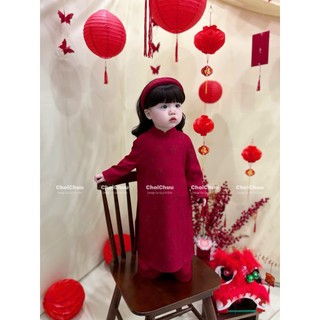 Áo dài đỏ ChoiChuu kèm choàng lông vũ tặng kèm bờm cho bé gái