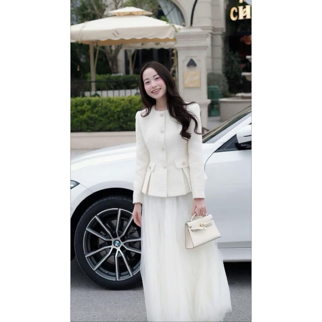 Set váy dạ tweed , chân váy ngắn sang trọng , Set váy dạ tweed nữ cao cấp màu kem, áo vest peplum + chân váy lưới dài