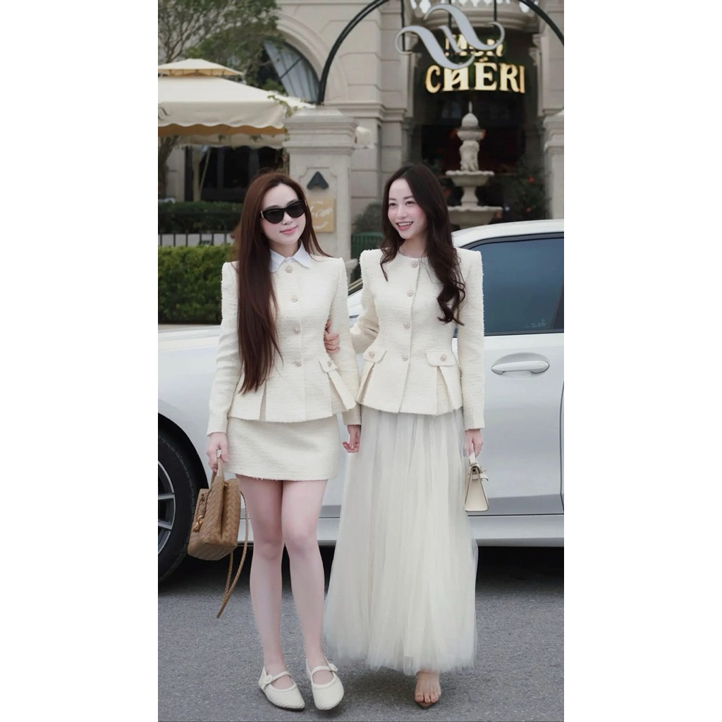 Set váy dạ tweed , chân váy ngắn sang trọng , Set váy dạ tweed nữ cao cấp màu kem, áo vest peplum + chân váy lưới dài