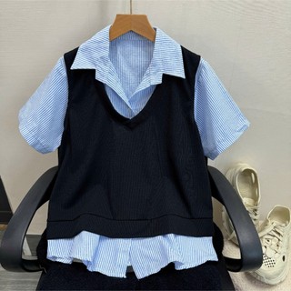 Set 2 Món Bigsize Nữ Áo Sơ Mi Kẻ Sọc Tay Ngắn Kèm Áo Ghile Cá Tính Cho Chubby SM184+A335