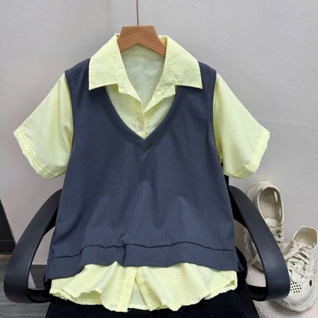 Set Áo Sơ Mi Bigsize Nữ Tay Ngắn Phối Gile Len Cổ V Che Khuyết Điểm Cơ Thể SM184+A335