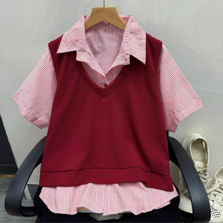 Set 2 Món Bigsize Nữ Áo Sơ Mi Tay Ngắn Kẻ Sọc Phối Ghile Trơn Năng Động SM184+A335
