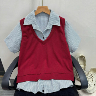 Set 2 Món Bigsize Nữ Áo Sơ Mi Tay Ngắn Kẻ Sọc Phối Ghile Trơn Năng Động SM184+A335
