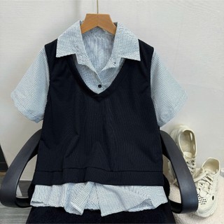 Set 2 Món Bigsize Nữ Áo Sơ Mi Tay Ngắn Kẻ Sọc Phối Ghile Trơn Năng Động SM184+A335