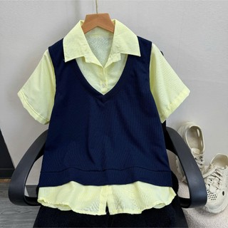 Set 2 Món Bigsize Nữ Áo Sơ Mi Tay Ngắn Kẻ Sọc Phối Ghile Trơn Năng Động SM184+A335