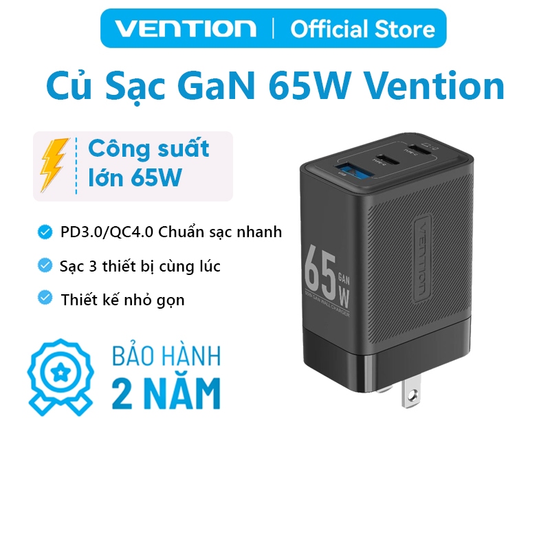 Củ Sạc GaN 65W Vention, Tích Hợp PD 3.0, QC 4.0 Nhỏ Gọn, Sạc Nhanh Cho 14/15/16/17, Samsung Máy Tính
