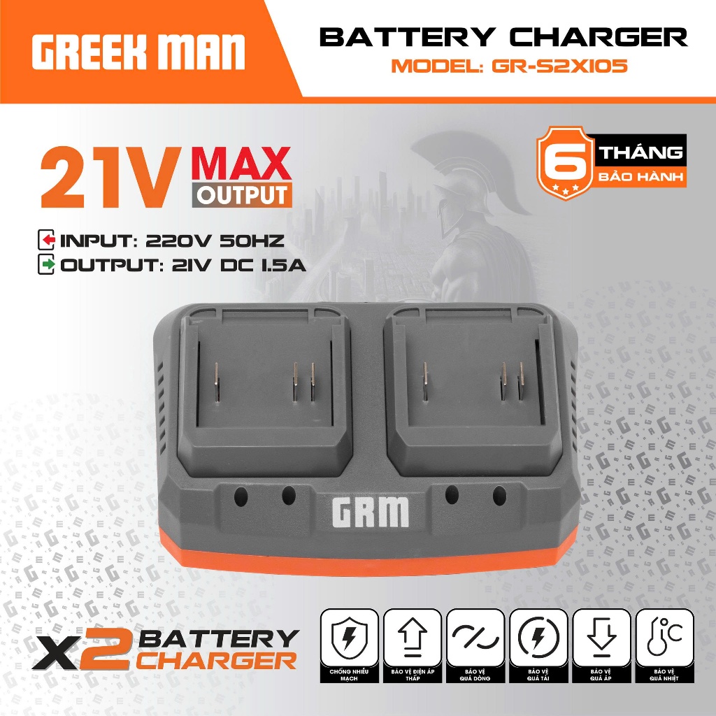 Bộ Sạc Nhanh GREEKMAN GR-S2X105 | Sạc 21V Chuẩn Dòng 1.5A, Sạc Nhanh An Toàn, Dùng Cho Máy Khoan, Máy Mài