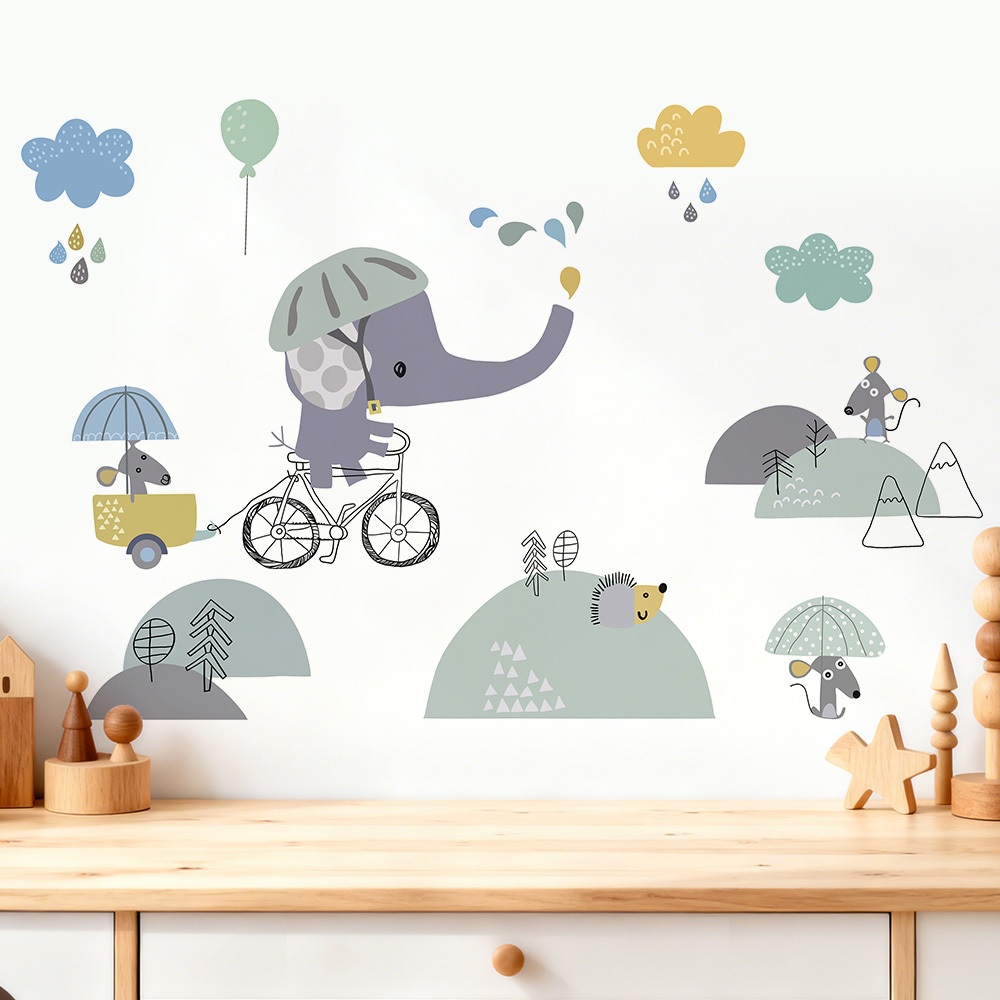 Decal Dán Tường Voi Con Đi Xe Đạp Có Keo Sẵn 135x85cm - Trang Trí Phòng Bé Dễ Thương