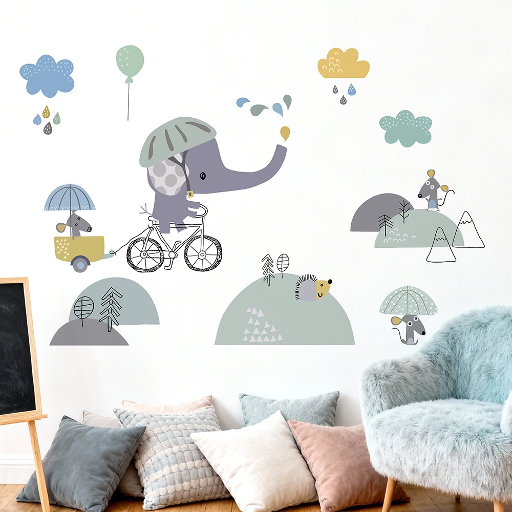 Decal Dán Tường Voi Con Đi Xe Đạp Có Keo Sẵn 135x85cm - Trang Trí Phòng Bé Dễ Thương