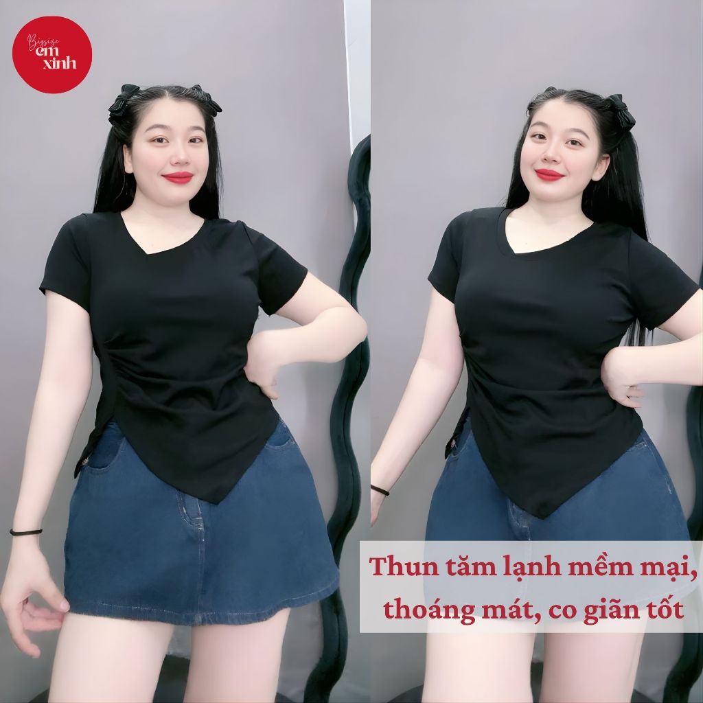 Áo Nữ Cổ Tim Tay Lỡ Nhún Eo Xẻ Tà, Chất Thun Tăm Co Giãn, Bigsize 50–90kg BS070 | Em Xinh Bigsize