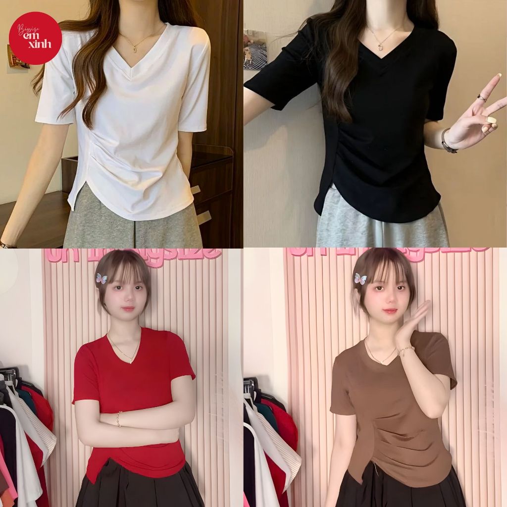 Áo Nữ Cổ Tim Tay Lỡ Nhún Eo Xẻ Tà, Chất Thun Tăm Co Giãn, Bigsize 50–90kg BS070 | Em Xinh Bigsize