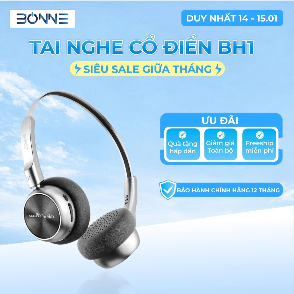 Tai Nghe Bluetooth Thiết Kế Cổ Điển BH1 By Bonne Chính Hãng, Tai Nghe Bluetooth 5.4, Âm thanh HIFI, Bảo hành 12 tháng