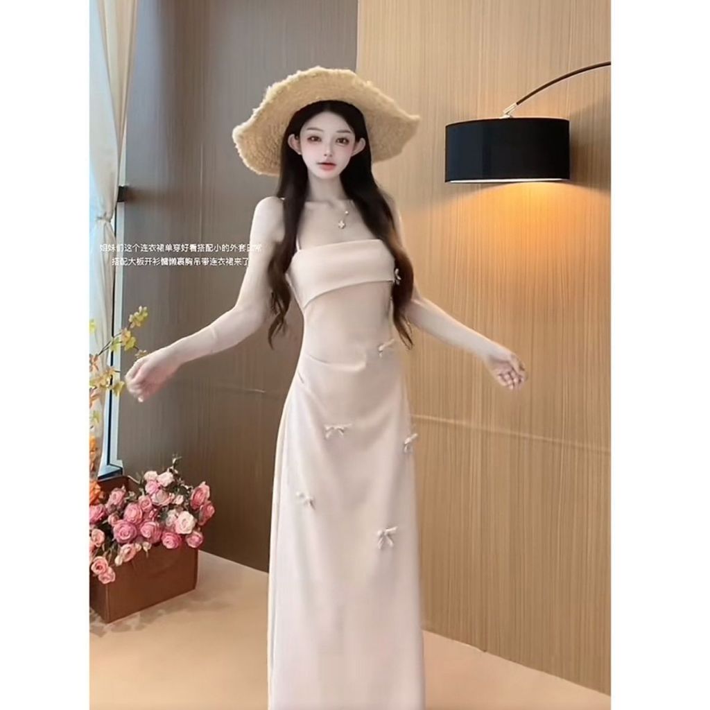[Oder- Không có sẵn] Đầm hai dây màu hồng ngọt ngào và mát mẻ với nơ 3D dành cho nữ, thích hợp cho mùa xuân và mùa hè
