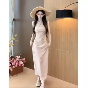 Đầm hai dây màu hồng ngọt ngào và mát mẻ với nơ 3D dành cho nữ, thích hợp cho mùa xuân và mùa hè