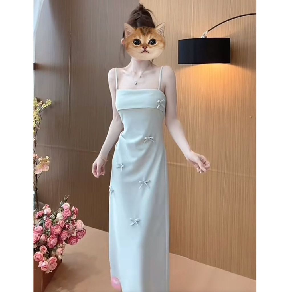 [Oder- Không có sẵn] Đầm hai dây màu hồng ngọt ngào và mát mẻ với nơ 3D dành cho nữ, thích hợp cho mùa xuân và mùa hè
