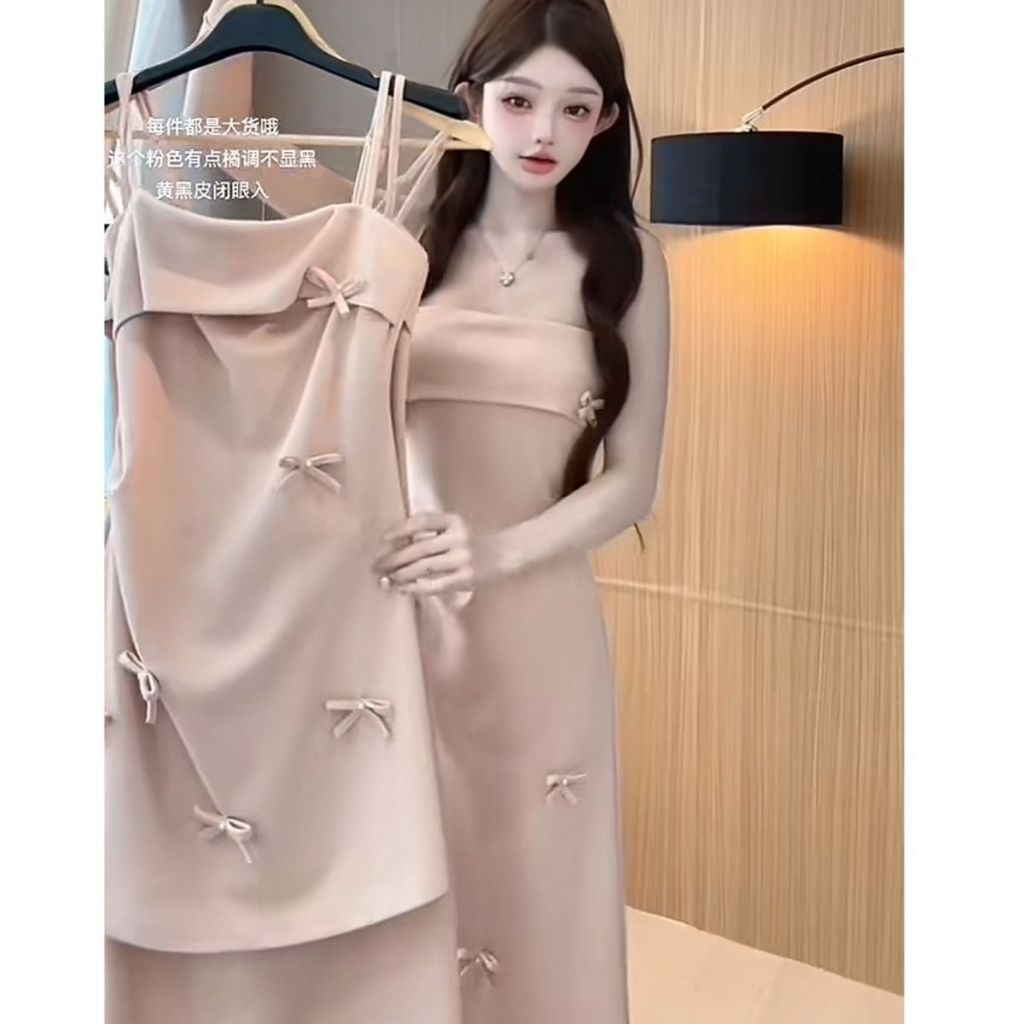 [Oder- Không có sẵn] Đầm hai dây màu hồng ngọt ngào và mát mẻ với nơ 3D dành cho nữ, thích hợp cho mùa xuân và mùa hè