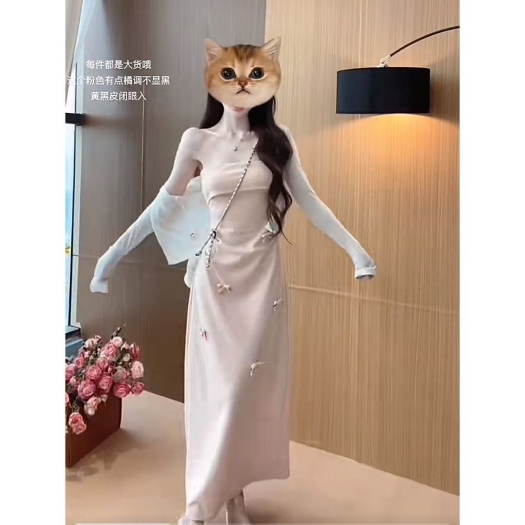 [Oder- Không có sẵn] Đầm hai dây màu hồng ngọt ngào và mát mẻ với nơ 3D dành cho nữ, thích hợp cho mùa xuân và mùa hè