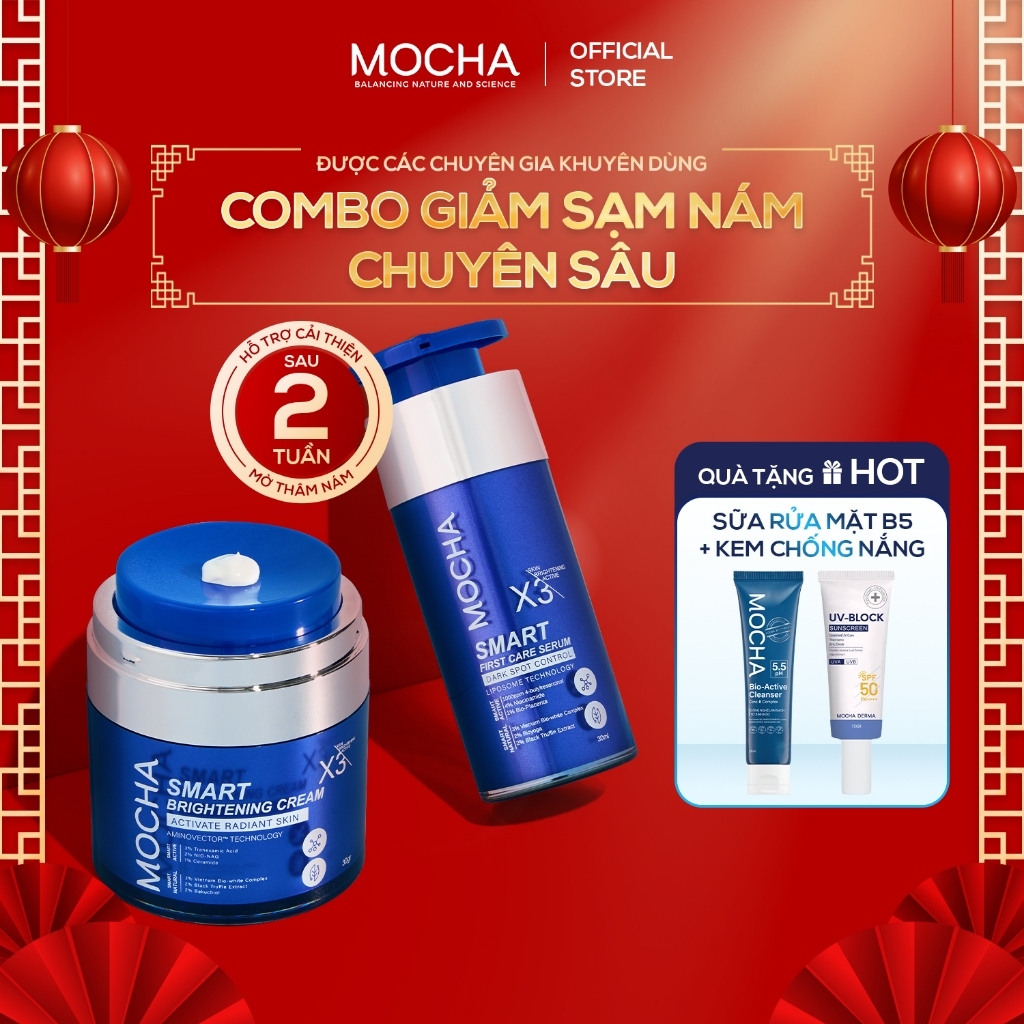 Combo Kem Giảm Sạm Nám Chuyên Sâu Mocha Smart Brightening Cream 30gr - Tinh Chất Giảm Sạm Nám 30ml