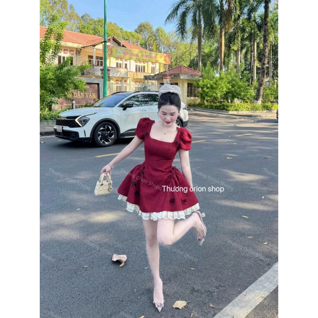 Đầm nữ bố Ruby phối tơ nến dáng xòe tiểu thư tay phồng, váy ngắn sang xịn mặc đi chơi