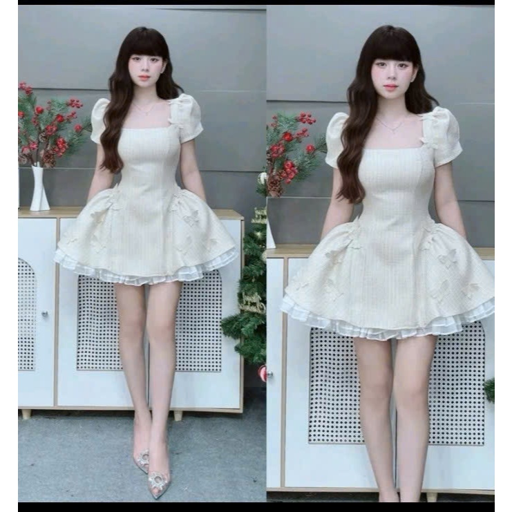 Đầm nữ bố Ruby phối tơ nến dáng xòe tiểu thư tay phồng, váy ngắn sang xịn mặc đi chơi