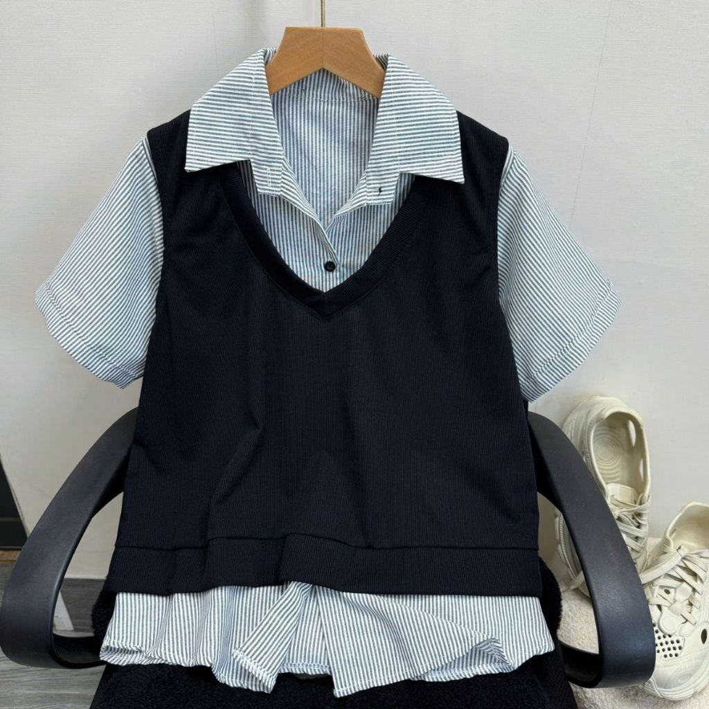 Set Áo Sơ Mi Bigsize Nữ Tay Ngắn Phối Gile Len Cổ V Che Khuyết Điểm Cơ Thể SM184+A335