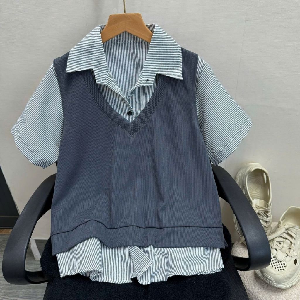 Set Áo Sơ Mi Bigsize Nữ Tay Ngắn Phối Gile Len Cổ V Che Khuyết Điểm Cơ Thể SM184+A335