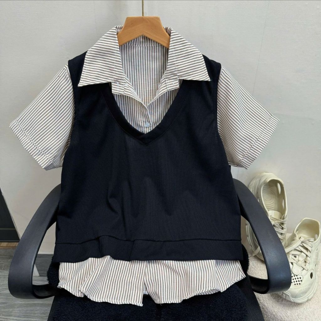 Set Áo Sơ Mi Bigsize Nữ Tay Ngắn Phối Gile Len Cổ V Che Khuyết Điểm Cơ Thể SM184+A335