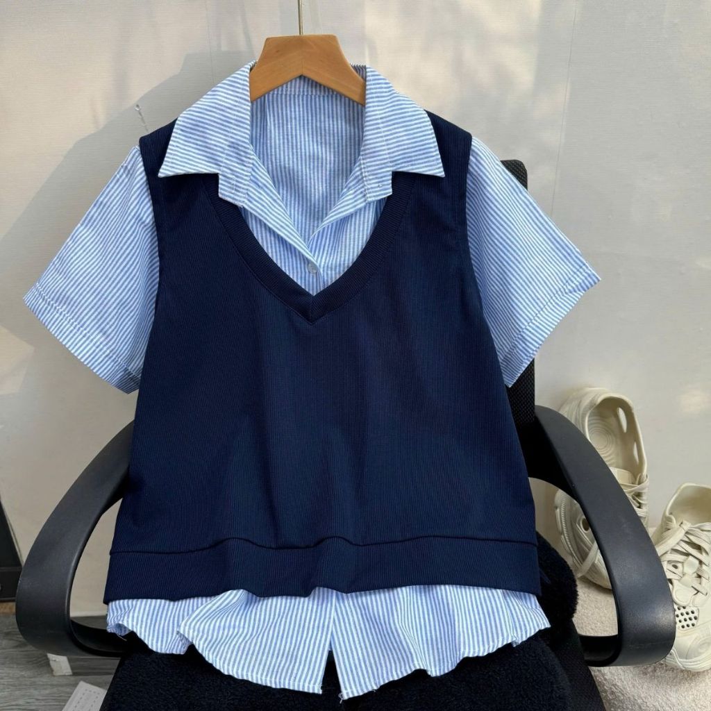 Set Áo Sơ Mi Bigsize Nữ Tay Ngắn Phối Gile Len Cổ V Che Khuyết Điểm Cơ Thể SM184+A335