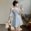 Váy liền hai dây cổ vuông dây nổi tiếng cao cấp phong cách Pháp váy ngắn chữ A thắt eo nữ mùa hè mẫ