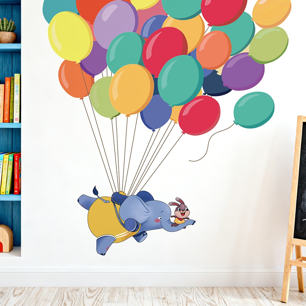 Decal Dán Tường Voi Con Bóng Bay Khinh Khí Cầu Nhiều Màu Sắc Có Keo Sẵn 87x89cm - Trang Trí Phòng Bé