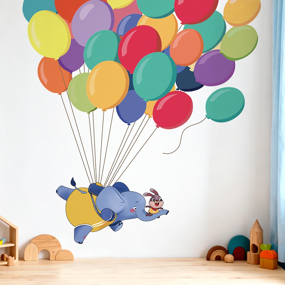 Decal Dán Tường Voi Con Bóng Bay Khinh Khí Cầu Nhiều Màu Sắc Có Keo Sẵn 87x89cm - Trang Trí Phòng Bé