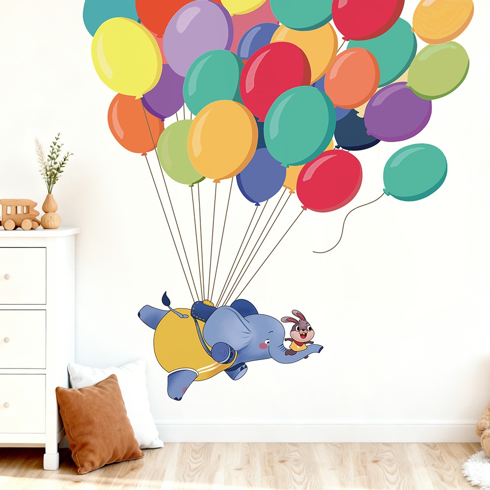 Decal Dán Tường Voi Con Bóng Bay Khinh Khí Cầu Nhiều Màu Sắc Có Keo Sẵn 87x89cm - Trang Trí Phòng Bé