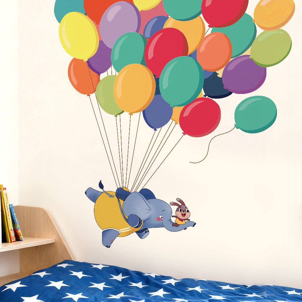 Decal Dán Tường Voi Con Bóng Bay Khinh Khí Cầu Nhiều Màu Sắc Có Keo Sẵn 87x89cm - Trang Trí Phòng Bé