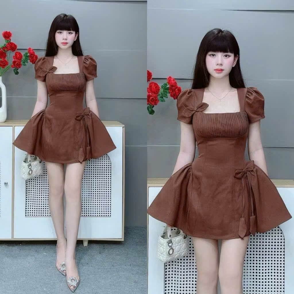 Đầm rubi nữ tay phồng dáng xòe nơ eo tiểu thư sang chảnh đi tiệc đi chơi hot trend