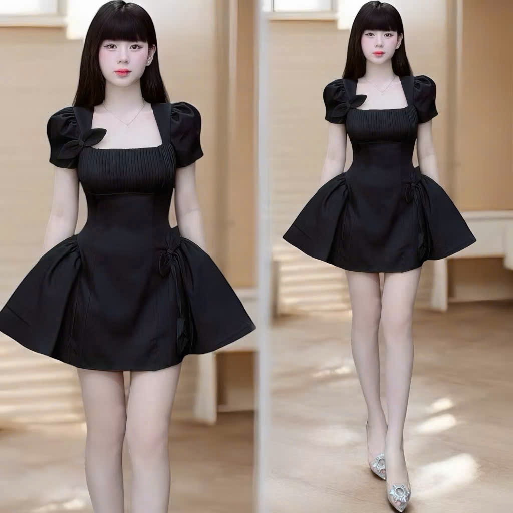Đầm rubi nữ tay phồng dáng xòe nơ eo tiểu thư sang chảnh đi tiệc đi chơi hot trend