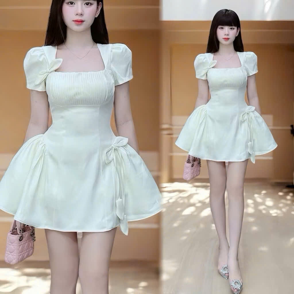 Đầm rubi nữ tay phồng dáng xòe nơ eo tiểu thư sang chảnh đi tiệc đi chơi hot trend