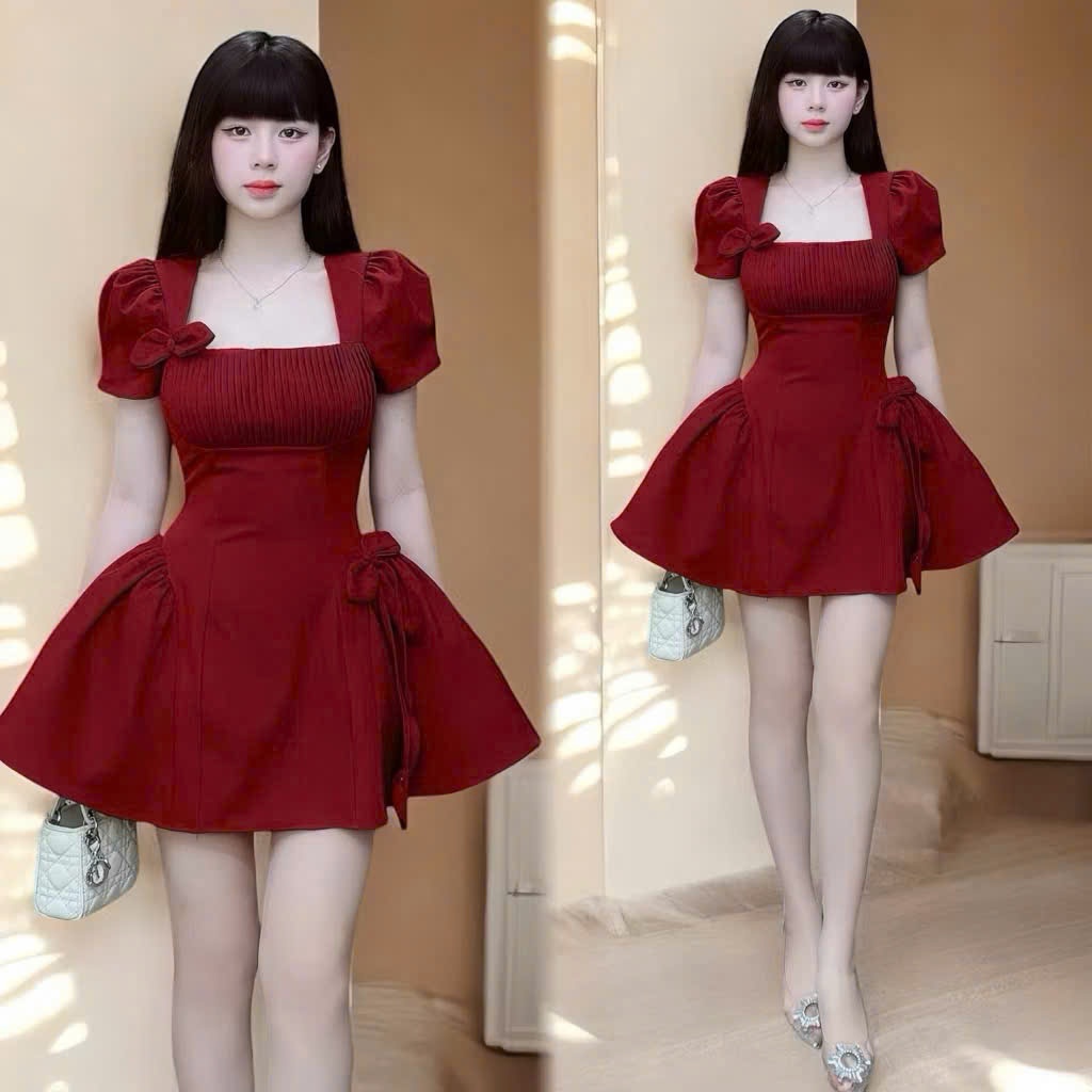 Đầm rubi nữ tay phồng dáng xòe nơ eo tiểu thư sang chảnh đi tiệc đi chơi hot trend