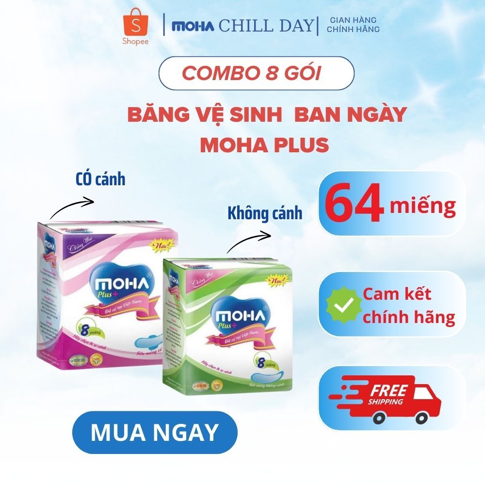 COMBO 8 gói băng vệ sinh có cánh và băng vệ sinh không cánh MOHA PLUS gói 8 miếng
