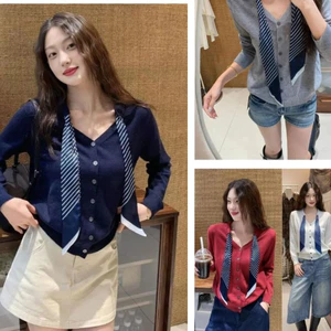Áo khoác nhẹ basic thu đông thắt nơ dài tay thanh lịch Áo cardigan len phối khăn lụa cổ V nhiều màu T1406G