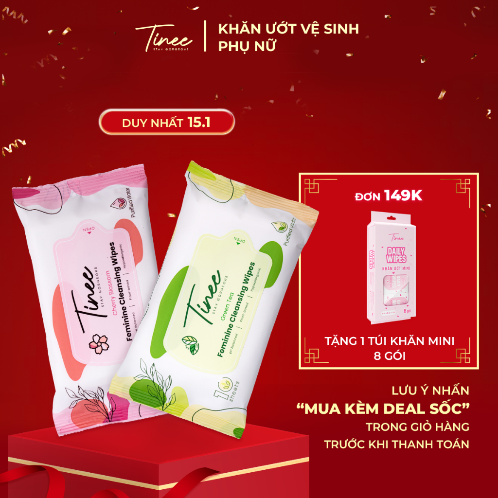 Khăn Giấy Ướt Vệ Sinh Phụ Nữ Tinee 10 Tờ/ Gói - Giúp Làm Sạch Nhanh Và Loại Bỏ Vi Khuẩn Gây Mùi