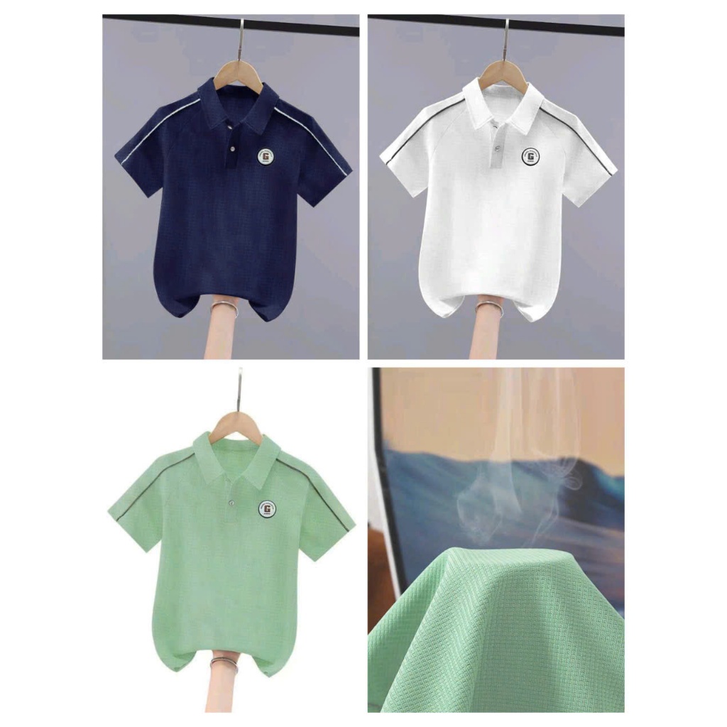 Mẫu áo Polo in logo chữ G cho bé trai 18-45kg. Chất liệu cotton tổ ong dày dạn thấm hút mồ hôi, đường may kĩ.