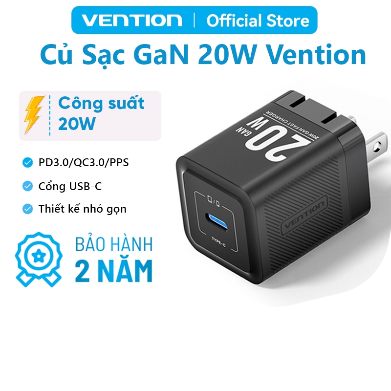 Bộ Sạc Nhanh 20W GaN Vention Hỗ Trợ PD Và QC3.0, Cổng USB-C, Chống Quá Tải Nhiệt, Bền Bỉ An Toàn, Bảo Hành 2 Năm