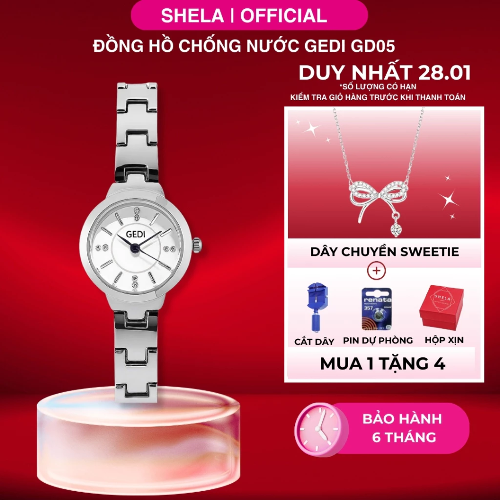Đồng hồ nữ SHELA GD05 mặt tròn đính đá dây kim loại chống nước 3ATM