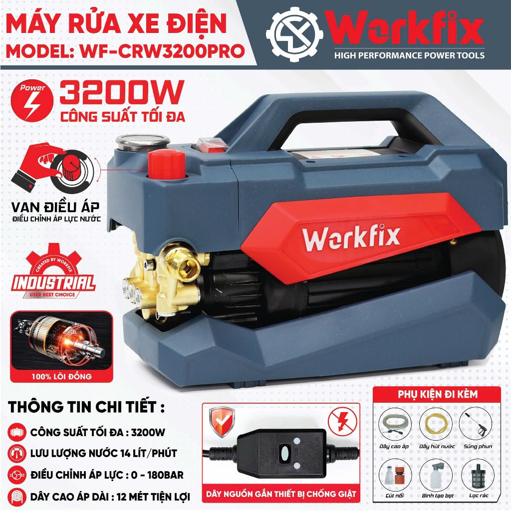 [Có Áp Chống Giật] Máy Rửa Xe Điện WORKFIX WF-CWR3200PRO Áp Lực Cao 180 Bar, 3200W FULL PHỤ KIỆN