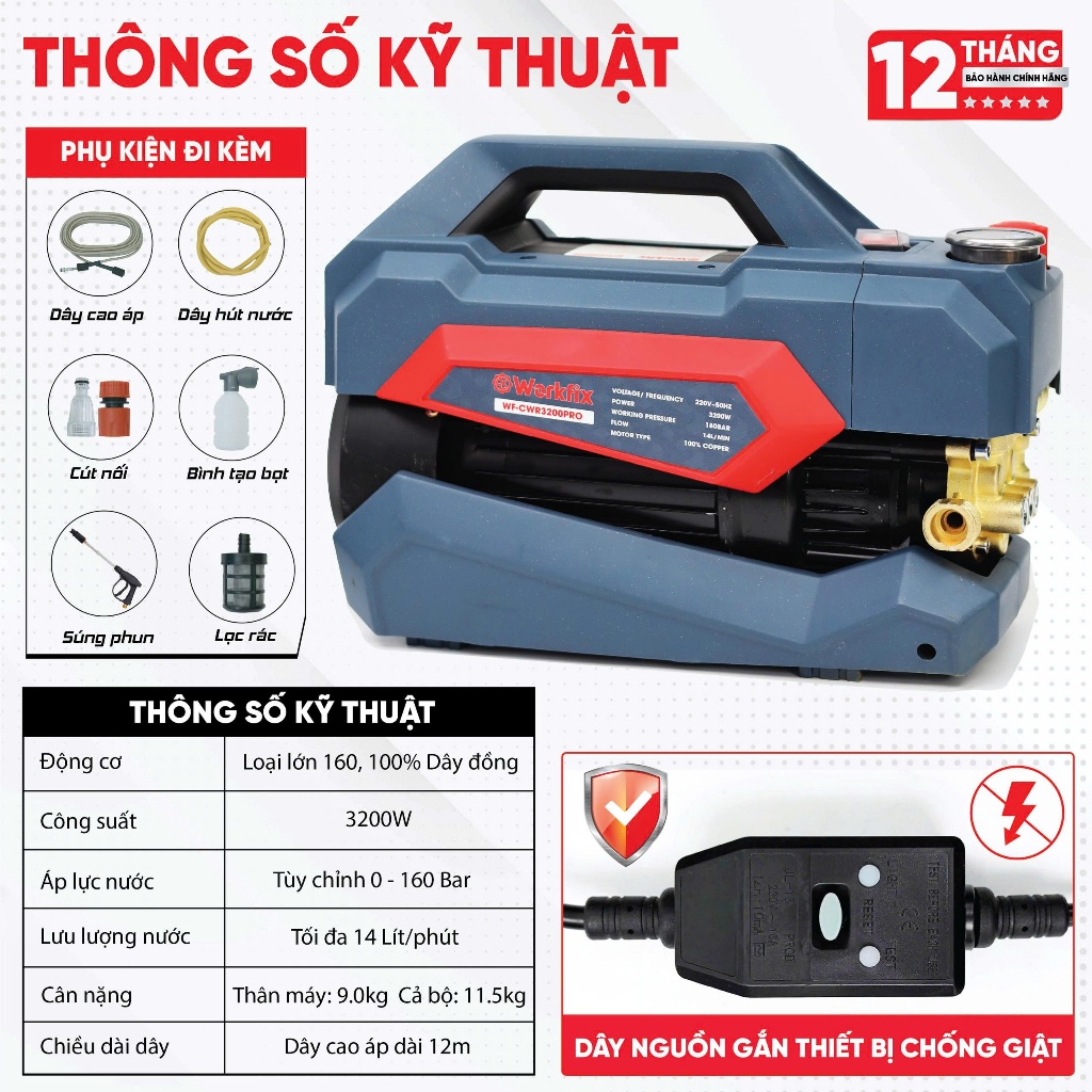 [Có Áp Chống Giật] Máy Rửa Xe Điện WORKFIX WF-CWR3200PRO Áp Lực Cao 180 Bar, 3200W FULL PHỤ KIỆN