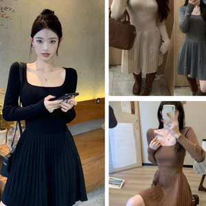 Đầm nữ basic eo thon xinhVáy len dệt kim cổ vuông dài tay ôm body dáng ngắn xòe xếp li thu đông T1402G