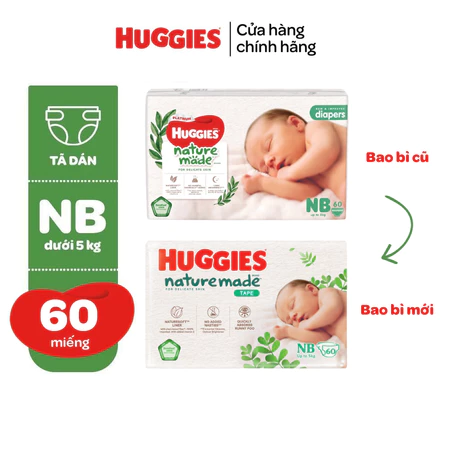 Tã/Bỉm dán sơ sinh Huggies NatureMade NB60 (dưới 5kg)/S82(4-8kg) /M64(6-11kg)/L54/XL44