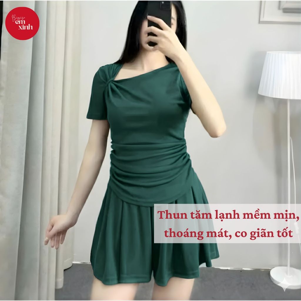 Set Nữ Bigsize Áo Cổ Lệch Xoắn Nơ – Quần Giả Váy, Freesize Tôn Dáng (50–90kg) BS028- Em Xinh Bigsize