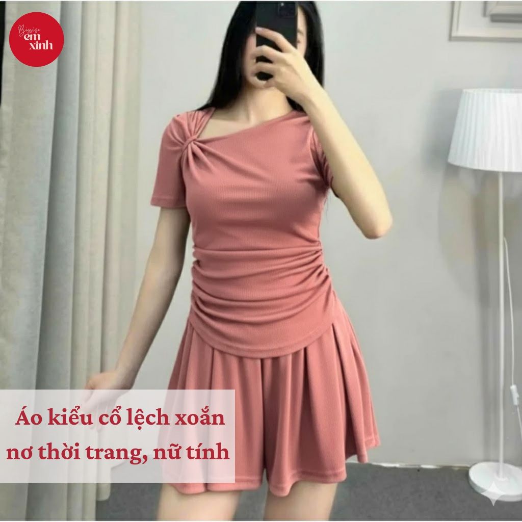 Set Nữ Bigsize Áo Cổ Lệch Xoắn Nơ – Quần Giả Váy, Freesize Tôn Dáng (50–90kg) BS028- Em Xinh Bigsize